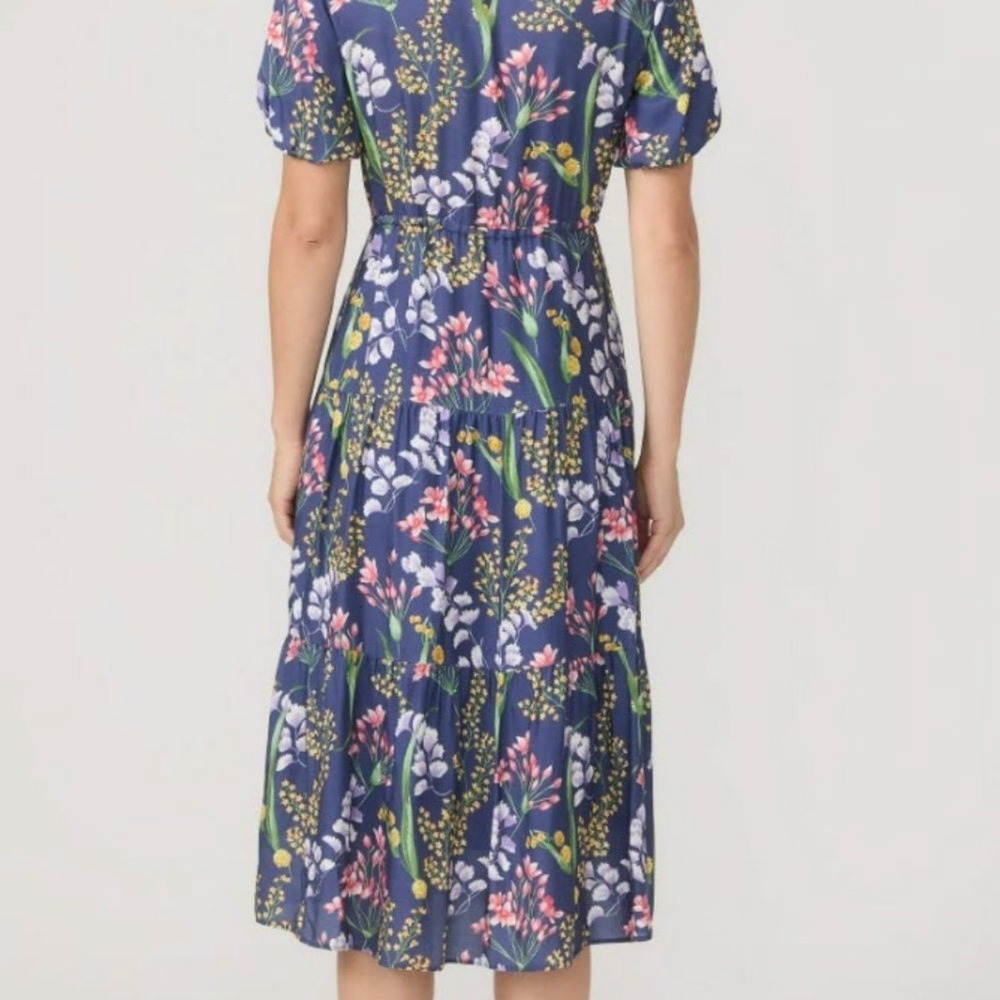 J.McLaughlin Silk Blend Floral Tiered Midi Dress Blue Ruffle Neck Pockets XL - Picture 3 of 12